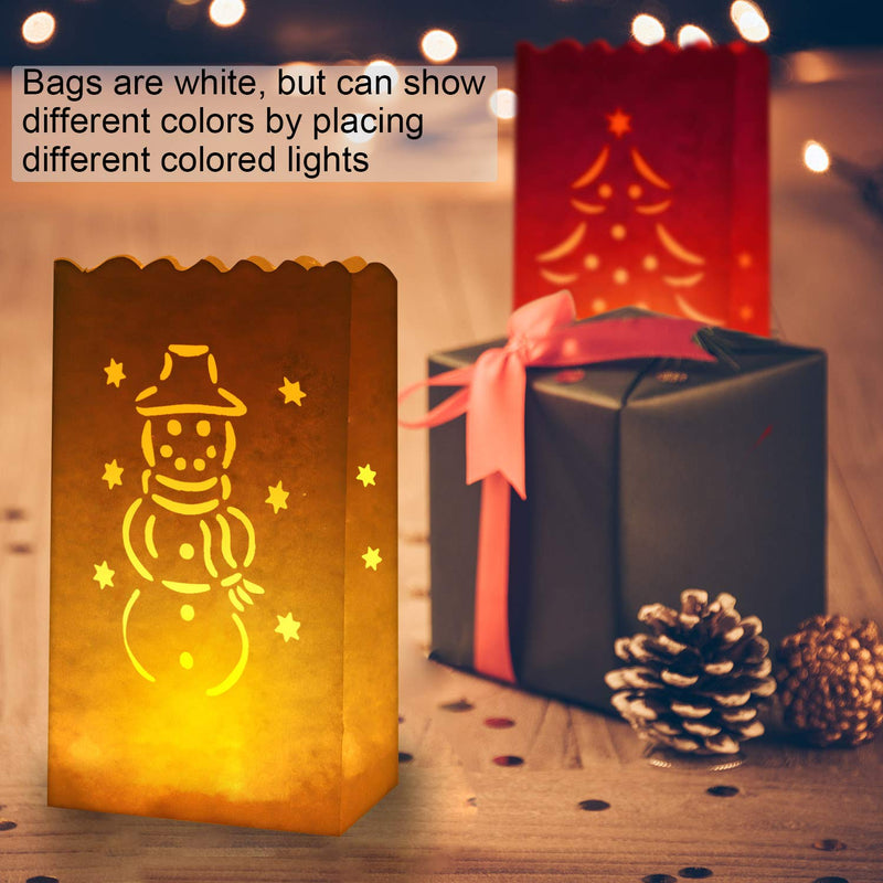 ANECO 40 Pieces Paper Luminary Bags White Candle Bags Flame Resistant Lantern Bags Tealight Luminaries 4 Designs with Tree, Stars, Sunburst, Snowman for Christmas, Party Decoration - PawsPlanet Australia