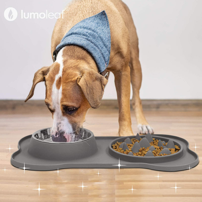 LumoLeaf Dog Slow Feeder Mat with Stainless Steel Bowl, 17 oz, All in One BPA Free No Spill Pet Slow Feeder Mat (Grey) Grey - PawsPlanet Australia