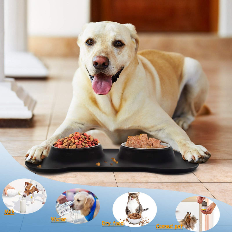 yoka Dog Bowls Non Slip Stainless Steel Double Bowl with Non-Spill Silicone Mats Tray for Cats Dogs Puppies Food Water Feeding (14oz /400ml Each Bowl, Black) - PawsPlanet Australia