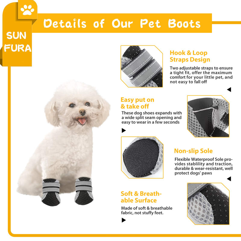 SUNFURA Lightweight Dog Boots, Breathable Mesh Dog Shoes with Adjustable Reflective Magic Sticker Strips and Rugged Anti-Slip Sole, Outdoor Booties Pet Paw Protector for Small Medium Dogs Black - PawsPlanet Australia