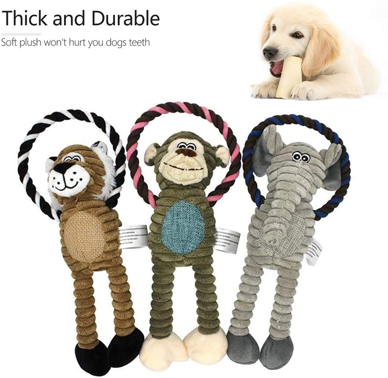 Newthinking Squeaky Dog Plush Toys, Interactive Dog Chew Toys for Boredom, Puppy Plush Toys with Rope for Small Medium Dogs, 3 Pack, Monkey, Elephant, Lion - PawsPlanet Australia