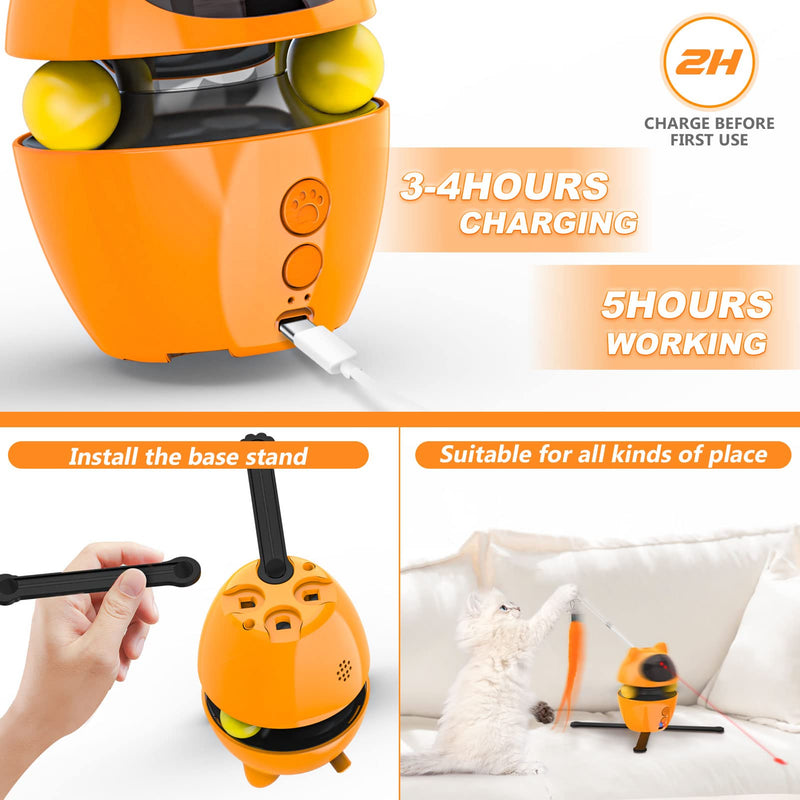 Dreamon 3 in 1 Electric Cat Toy - Interactive Cat Toy Self-Employment Cat Toy Intelligence with 5 Replacement Feather Toys & USB Rechargeable (Orange) - PawsPlanet Australia