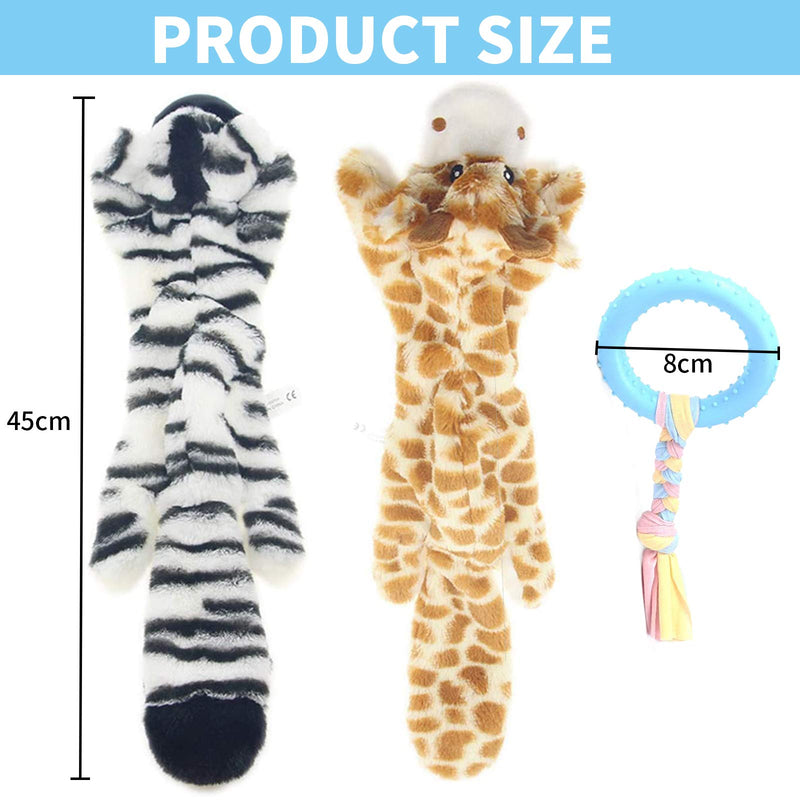 MOSNOW Dog Squeaky Plush Toys, with a circle molar toy, Squeaky Toys for Dog, Chew and Interactive Toys, Stuffingless and Durable, for Small to Large Dogs, 2 pcs (Giraffe & Zebra) - PawsPlanet Australia