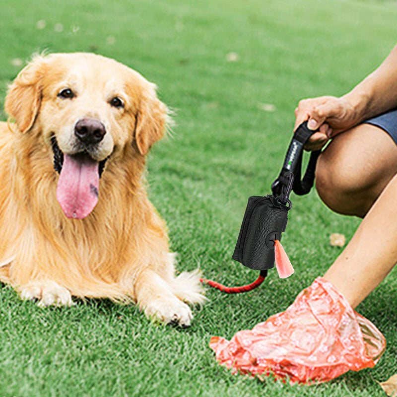 [Australia] - Outus 4 Dog Poop/Waste Bag Holder Leash Attachment,Dog Poop Bag Dispenser Zipper Pouch with Aluminum Key Carabiner Clip Includes 4 Roll of Pick-up Bags, Fits for Any Dogs Leash Black 