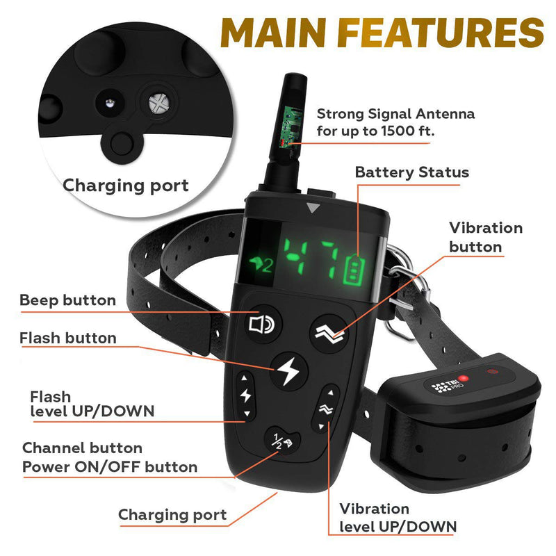 [Australia] - TBI Pro Dog Training Collar with Remote - Shock Collar for Dogs Range 1600 feet, Vibration Control, Rechargeable Bark E-Collar - IPX7 Waterproof for Small, Medium, Large Dogs, All Breeds 