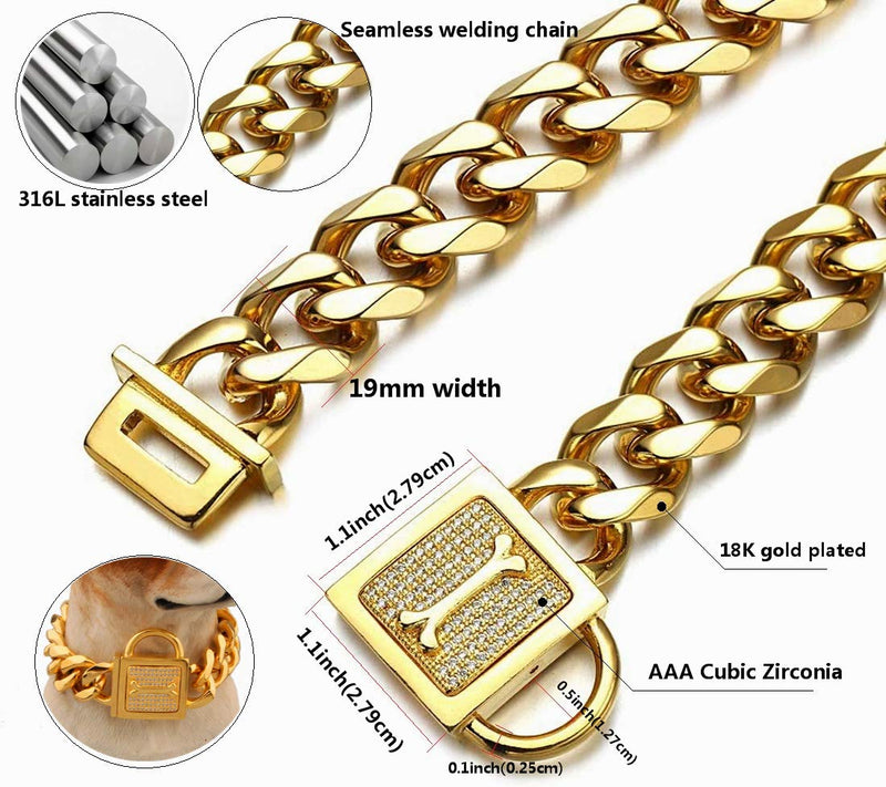 [Australia] - Aiyidi Strong Dog Chain Collar, 316L Stainless Steel Slip Choker Collar, with Personality Rhinestone Lock, 19MM Gold Cuban Link Chain,12-26inch, Water-Proof, Chew-Proof, for Medium & Large Dogs 12 inches (for 8.1''~10'' dog's neck) 