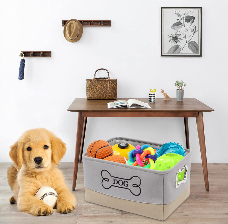 Morezi heavy duty puppy stuff baskets, dog toy bin storage with designed metal handle, pet organizer - Perfect for organizing pet toys, leashes, bandana, dry food, and bone - Gray Khaki - PawsPlanet Australia