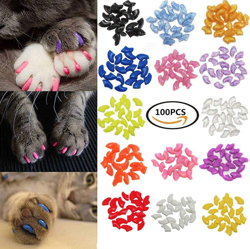 [Australia] - VICTHY 100 PCS Soft Pet Cat Nail Caps Cats Paws Grooming Nail Claws Caps Covers of 5 Random 5Pcs Adhesive Glue with 5pcs Applicators Medium 