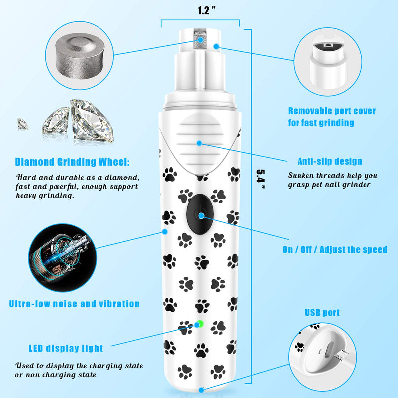 PBRO Dog Nail Grinder,Dog Nail Trimmer,Professional Two Speed Electric Pet Nail Grinder-Portable Rechargeable (with LED)-for Small Medium and Large Pets,Safe Painless Paws Grooming & Low Noise -White. - PawsPlanet Australia