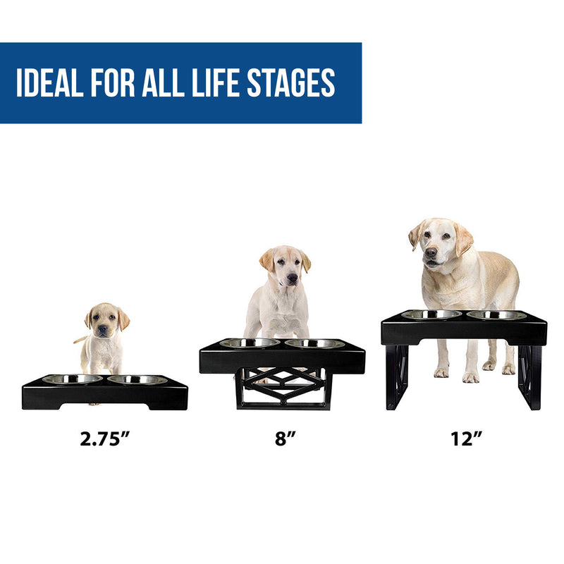 Pet Zone Designer Diner ADJUSTABLE Elevated Dog Bowls - Adjusts To 3 Heights, 2.75”, 8", & 12'' (Raised Dog Dish with Double Stainless Steel Bowls) Black - PawsPlanet Australia