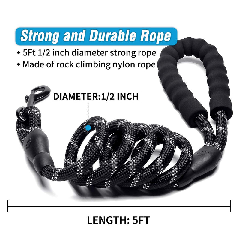 DOYOO Dog Leash 2 FT/6 FT/10FT Thick Durable Nylon Rope - Comfortable Padded Handle Reflective Rope Dog Leash for Medium Large Dogs with Collapsible Pet Bowl and Garbage Bags 06-1 Pack Reflective Black 1/2"x 6 FT (18~120 lbs.) - PawsPlanet Australia