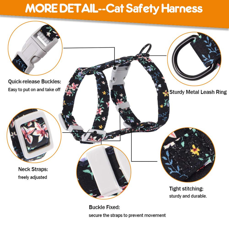 PETTOM Cat Harness with Lead, Adjustable Harness Lead Set for Cat Kitten Small Pet Outdoor Walking with Quick Buckle, Floral Design S: Chest 18 - 30 CM Black Floral - PawsPlanet Australia