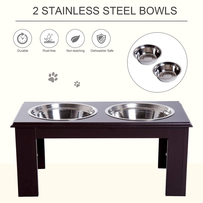 PawHut Stainless Steel Pet Feeding Bowl Raised Elevated Twin Dog Bowls Water Food Feeder 58.4L x 30.5W x 25.4H cm - Brown - PawsPlanet Australia