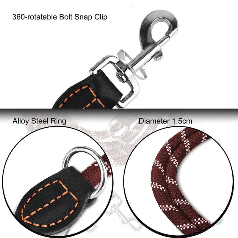 Dog Leash for Large and Medium Dogs - Ricihene Adjustable Double Nylon Leash with 2 Snap Hooks and 3 Rings - 3m x 15mm - Brown - PawsPlanet Australia