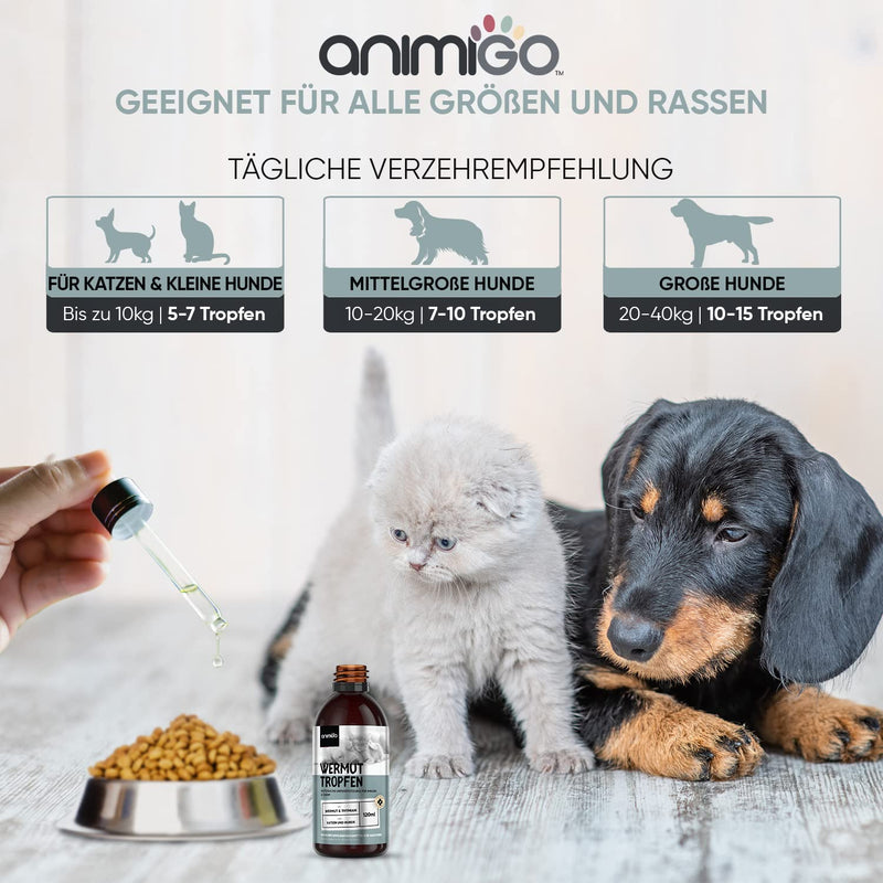 Animigo Wormwood Drops - 120ml Worm Remedies - Liquid Worm Treatment for Cats & Dogs - Worm Infestation - Natural Dietary Supplement with Garlic, Cinnamon & Thyme for Stomach & Intestinal Health - Puppies & Kittens - PawsPlanet Australia