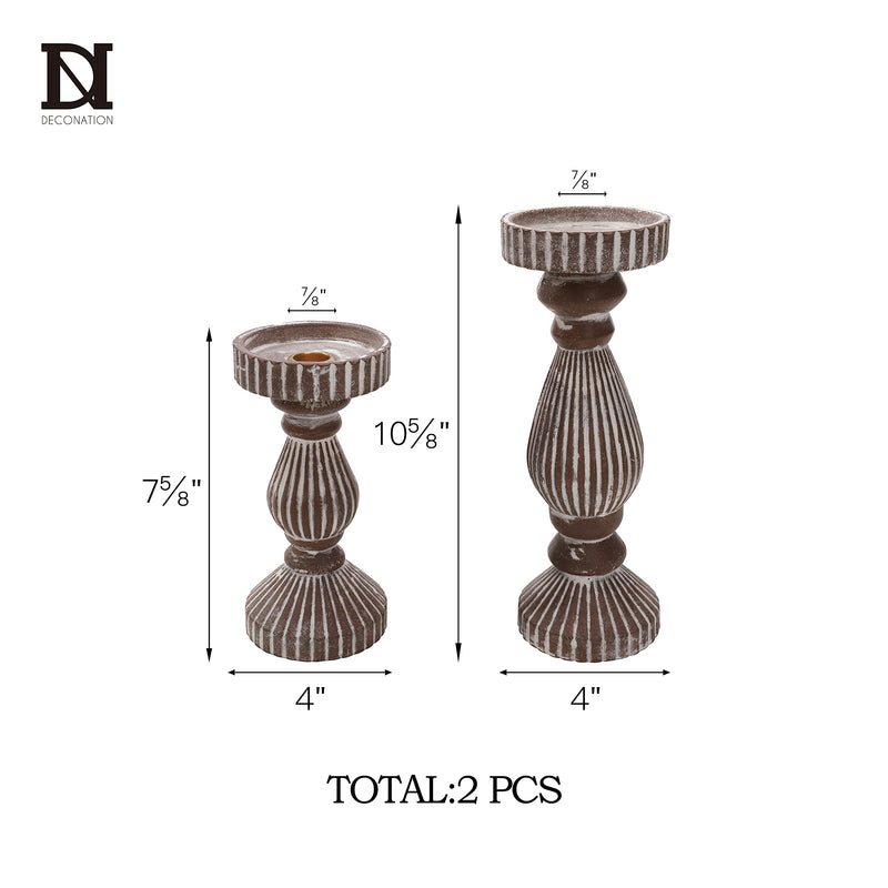 DN DECONATION Wood Candle Holders for Taper and Pillar Candle, Distressed Candle Pedestal in Brown and White, Rustic Candlestick Holder for Wedding Party, Christmas, Farmhouse Dining Table Decoration Washed Brown Set of 2 - PawsPlanet Australia