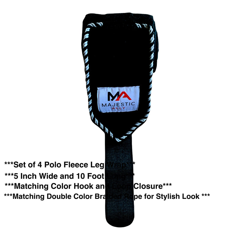 Majestic Ally Fleece Polo Leg Wraps with Braided Rope for Horses - Set of 4-5" X 10' Black - PawsPlanet Australia