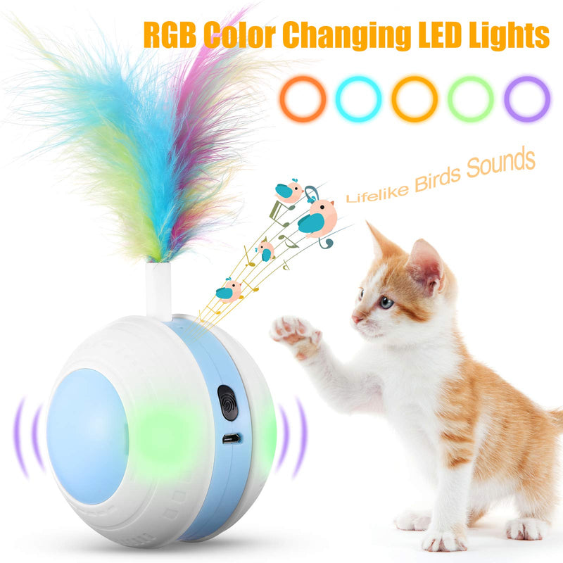 Interactive Cat Toys Ball with Colorful Light & Bird Sound - USB Charging Automatic Irregular 360 Degree Self Rotating Ball - 5 Replacement Feathers Robotic Cat Toy for Indoor Cats Kitten (Blue) blue - PawsPlanet Australia