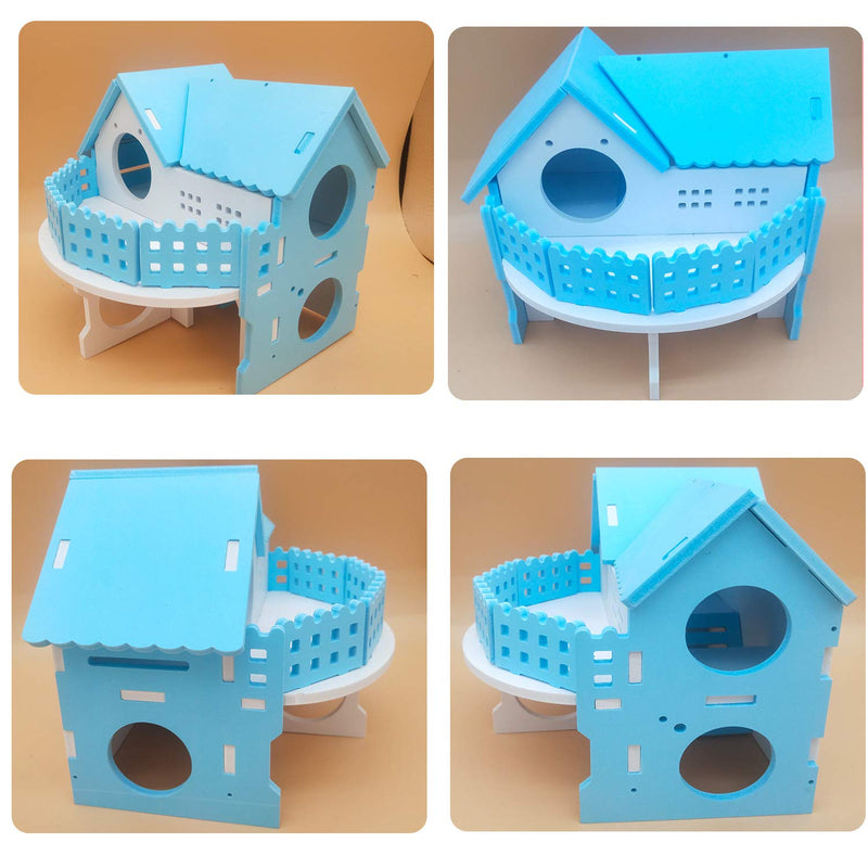 YUEKUA DIY Assembling Wooden Small pet Hiding House-Two-Story Western Style pet House Suitable for Chewing Small Animals Like Dwarf Hamsters and mice, Gerbils, Small Animal pet Toys blue - PawsPlanet Australia