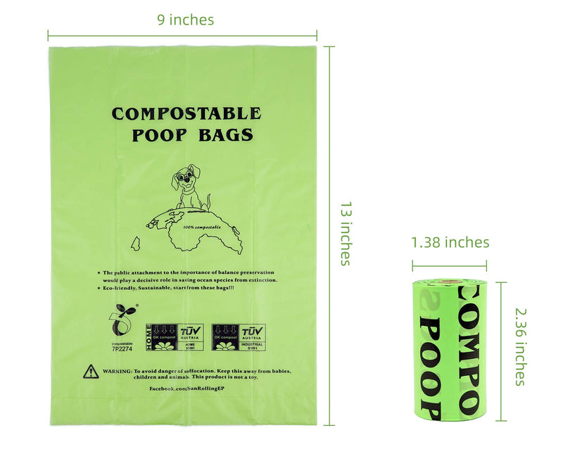 Dog Poop Bags Biodegradable,Dog Waste Bags Refill Rolls,100% Compostable Pet Poop Bags, 9 x 13 Inches, Extra Thick 20 Micron, Unscented, Leak Proof, Eco-Friendly Material, Green (90 Bags, 6 Rolls) 90 Bags, 6 Rolls - PawsPlanet Australia