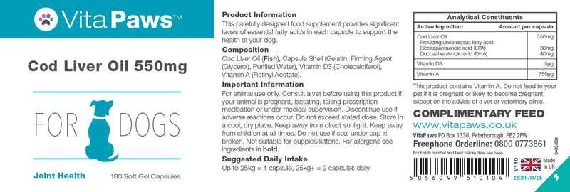 Cod Liver Oil for Dogs 550mg | 180 Soft Gel Capsules | Support The Health of The Skin and Coat | Manufactured in The UK - PawsPlanet Australia