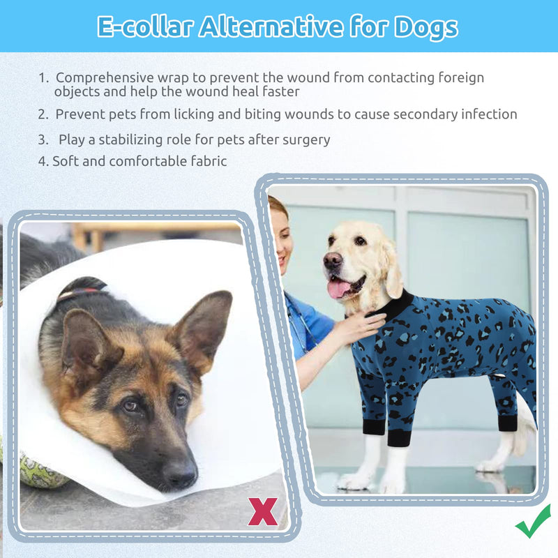 SAWMONG Leopard Dog Onesie for Surgery Female, Long Sleeve Recovery Suit After Surgery for Medium Large Dogs, Surgical Dogs Pajamas PJS Full Bodysuit Jumpsuit for Shedding Cone Alternative X-Large Blue Leopard - PawsPlanet Australia