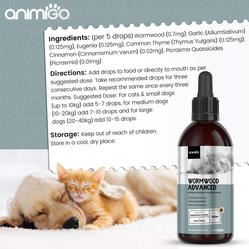 Animigo 100% Natural Wormwood Liquid Drops With Cinnamon - 120ml - Safe, Fast-acting Cat & Dog Wormer - Probiotics for Dogs & Cats - Digestive Health Supplements -Easy To Mix In Your Pets' Food/Water - PawsPlanet Australia