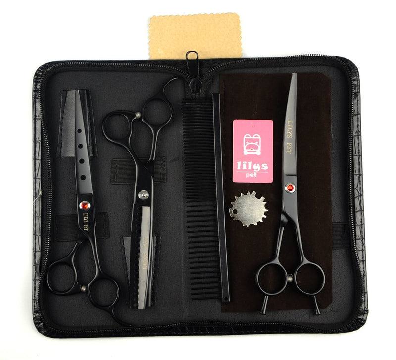 [Australia] - LILYS PET Professional PET Dog Grooming Scissors Cutting&Curved&Thinning Shears,Round Hole Design, Shark Teeth Thinning Scissor (7", Black) 