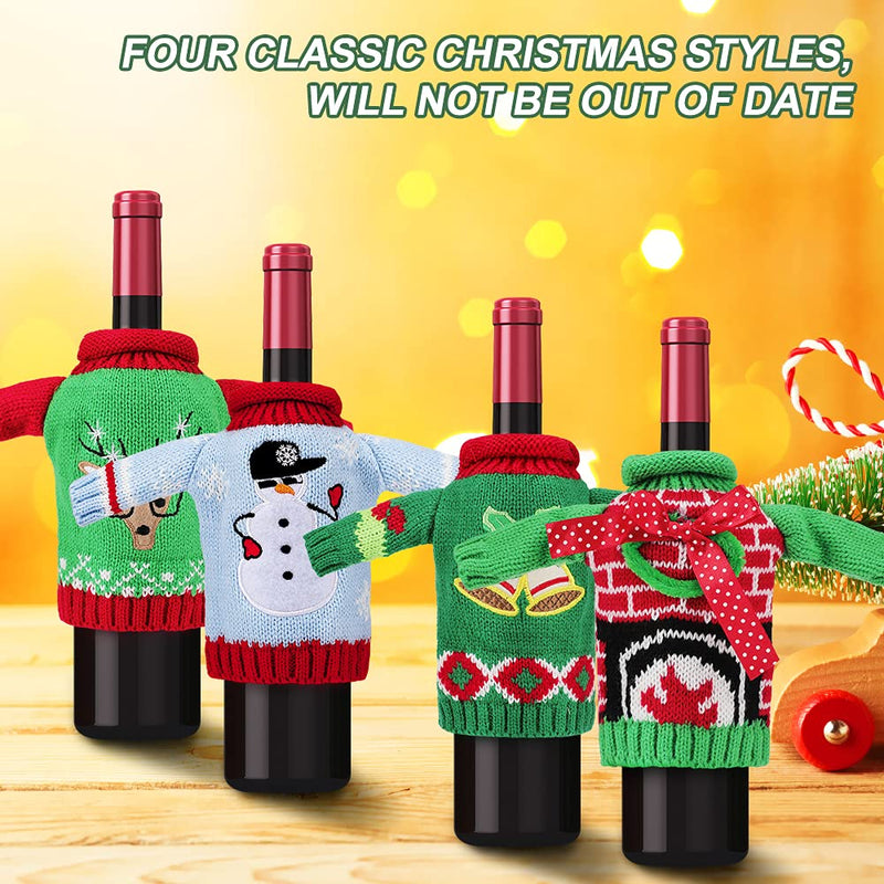 ACETOP 4 Sets Christmas Wine Bottle Sweater Decorations, Ugly Knitted Sweaters Bottle Covers with Snowman Elk Garland Bell, Handmade Xmas Bottle Gift Wrap for Christmas Holiday Party Table Decor - PawsPlanet Australia