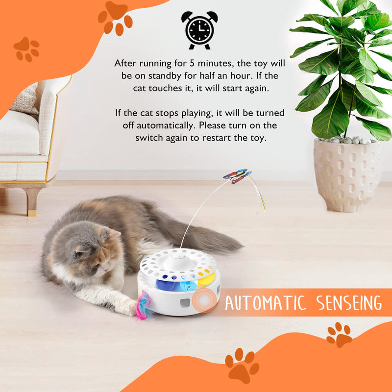 PETTOM 3 in 1 Electric Cat Toy, Mute Interactive Cat Toy with Feathers & Ball Exercise Cat Toy & Rotating Butterfly, Self-employment Cat Teaser Toy for Cats White - PawsPlanet Australia