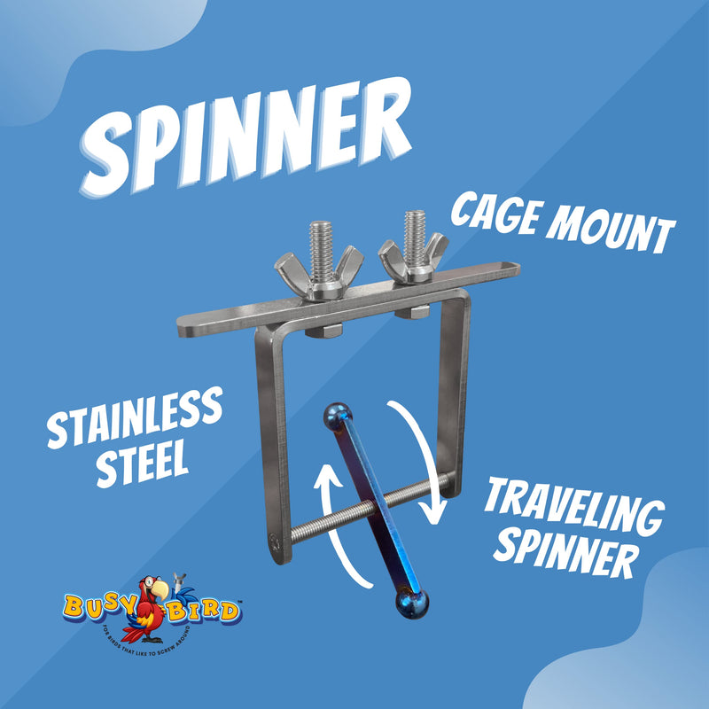 Busy Bird | Blue Flamed Spinner Bird Toy with Traveling Spinner - 100% Metal, Ultimate Brain Teaser and Mind Game for Medium to Extra Large Birds (Blue Flamed Stainless Steel) Blue Flamed Stainless Steel - PawsPlanet Australia