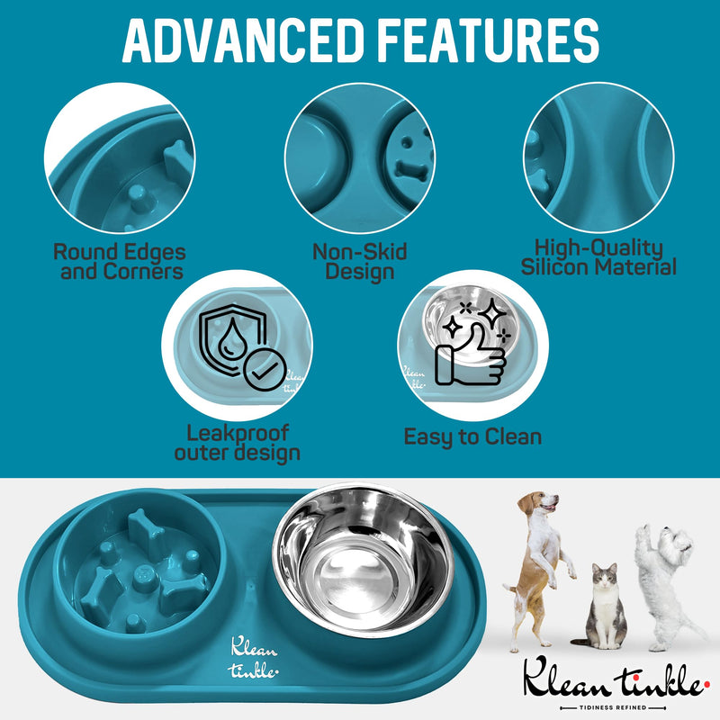 Pets Dog Bowl Set - Anti Skid Removable Double Slow Feeder Dog Bowls with Non Skid Silicone Mat - Stainless Steel Dog Water Bowl for Cats & Pets –A Beautiful Dirty Blue Color - PawsPlanet Australia