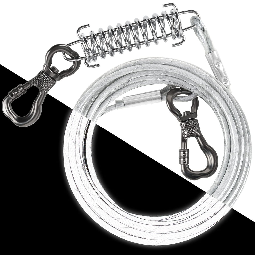 Tresbro Reflective Dog Tie Out Cable, 10ft Sturdy Dog Chain for Outside with Shock Absorbing Spring, Dog Runner Leash for Yard, Camping, Outdoor Heavy Duty Lead for Medium to Large Dog Up to 250 LBS White - PawsPlanet Australia