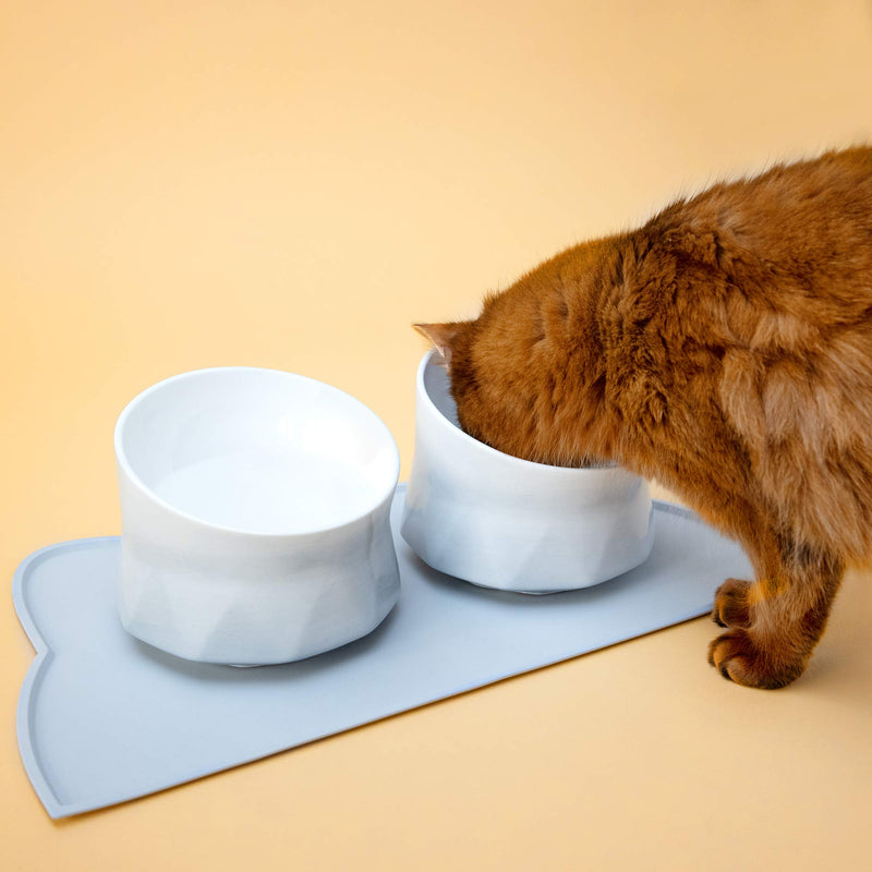 Navaris Raised Stoneware Cat Bowls (Set of 2 with Mat) - Tilted Elevated Food and Water Dish Set with Silicone Feeding Mat for Cats - 250ml Each Bowl - PawsPlanet Australia