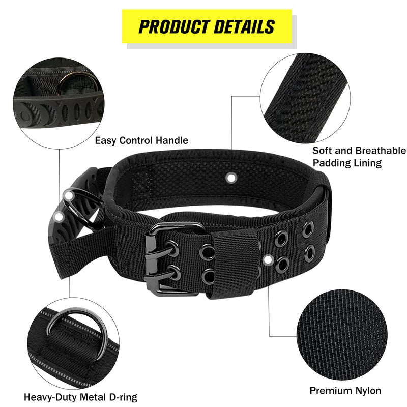 Upgrade Tactical Dog Collar with Control Handle, Soft Padded Nylon Dog Collar Adjustable Collar for Medium Large Dogs - Reflective for Training (XL, Black) XL - PawsPlanet Australia