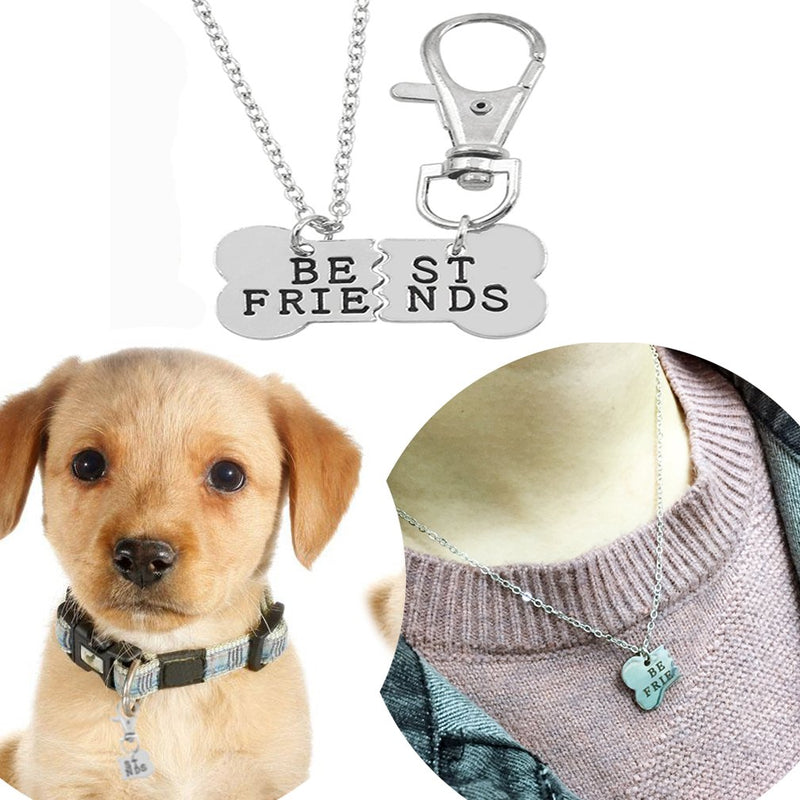 [Australia] - 4EAELove Best Friend Bone Necklace Matching Bone BFF Engraved Keychain Collar Dog Human Jewelry Set Pet Lover Gift Rose Gold Plated Stainless Steel D-Silver 