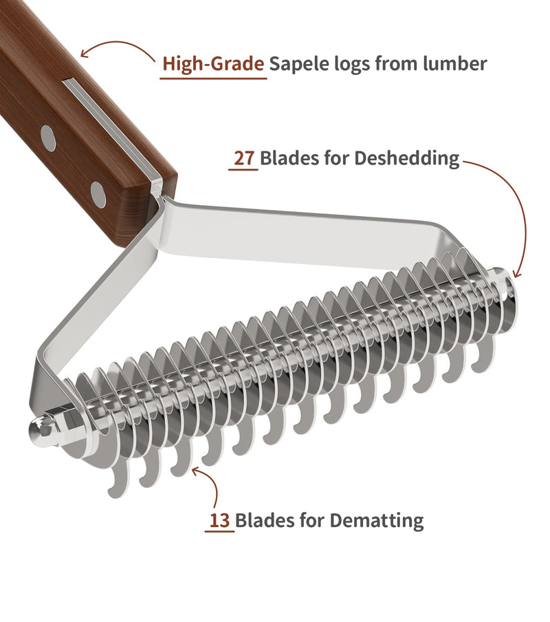 Dog Brush for Shedding for Large Medium Dog, Double Side Coat Rake Deshedding Brush 13-27 Blade, Quickly Demat and Detangle Pet Undercoat Rake, Grooming Tools for dogs and cats, High-grade Wood Handle - PawsPlanet Australia