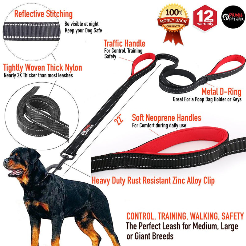 [Australia] - Primal Pet Gear Dog Leash 8ft Long - Traffic Padded Two Handle - Heavy Duty - Double Handles Lead for Control Safety Training - Leashes for Large Dogs or Medium Dogs - Dual Handles Leads Black 