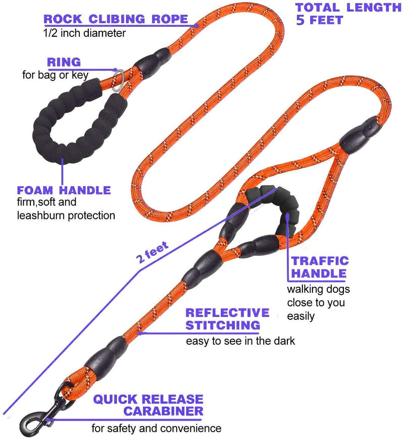 BB Brotrade Dog Leash,5 FT Heavy Duty Double Handle Dog Leash with Comfortable Padded and Reflective,Rope Dog Leashes for Small,Medium,Large Dogs (Orange) Orange - PawsPlanet Australia