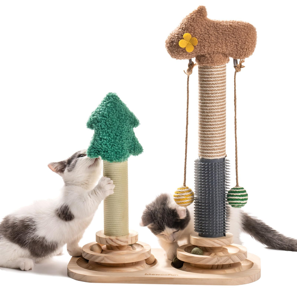 MEWOOFUN 3-in-1 Cat Toy Kitten Toy Made of Wood - Double Scratching Post Interactive Cat Toy Roller 2-Layer Turntable Kitten Toy with Hanging Ball Toy Cat 40 x 57 cm - PawsPlanet Australia