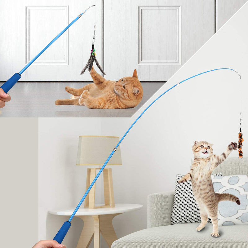 PETTOM Cat Toys Interactive Cat Feather Wand, Kitten Toys 2pcs Retractable Cat Wand Toy & 8pcs Natural Feather Teaser Replacements with Bell, Telescopic for Indoor Kitty Old Cat Exercise - PawsPlanet Australia