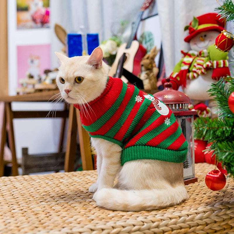 [Australia] - KOOLTAIL Cat Christmas Sweater - Snow Man Stripes Xmas Cats Holiday Sweaters Soft Knit to Keep Warm in Winter Ugly Sweaters Jumpsuits for Cats Small Dogs Pupp S(Chest 9";Neck 11";Back 10") 