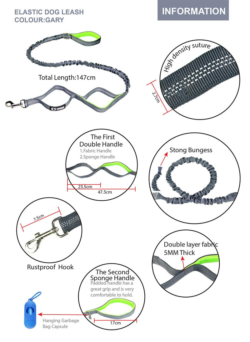 [Australia] - TSPRO Tactical Dog Leash Bungee Nylon Leash for Dogs Military Trainning Dog Leash Elastic Leads Rope with Rotating Clasp and 3 Control Handles Grey 