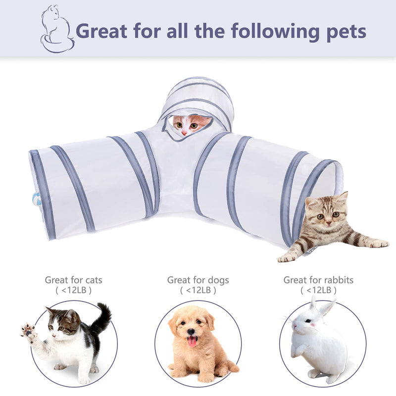 Alicedreamsky Cat Tunnel, Collapsible Tube with 1 Play Ball Kitty Toys, 3 Ways Cat Tunnels for Indoor Cats, Puppy, Kitty, Kitten, Rabbit (White and Gray) White and Gray - PawsPlanet Australia