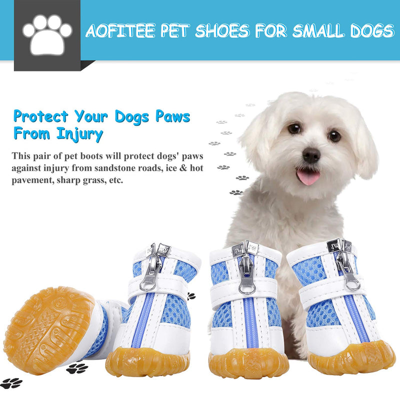 AOFITEE Mesh Dog Shoes Pet Boots, Breathable Dog Shoes for Small Doggy, Waterproof Pet Sandals with Anti-Slip Sole and Zipper Closure, Durable Pet Paw Protector for Hot Pavement X-Small (Pack of 4) Blue - PawsPlanet Australia