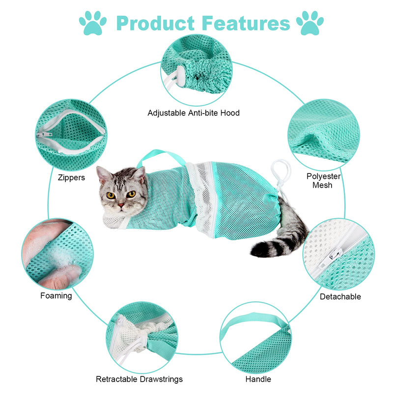 Cat Bag for Bathing 8 PCS Set with Cat Shower Net Bag Adjustable Pet Grooming Brush Nail Clipper Nail File Hair Combs Tick Tool Nail Caps, Nail Trimming Bath Cleaning Supplies Kit for Cats & Dogs Green - PawsPlanet Australia