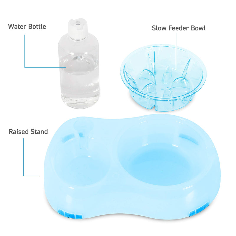 ANYPET Slow Feeder Bowl, Elevated, Double Transparent for Cats, Small Dogs, Pet Automatic Water Feeder with Water Bottle Blue - PawsPlanet Australia