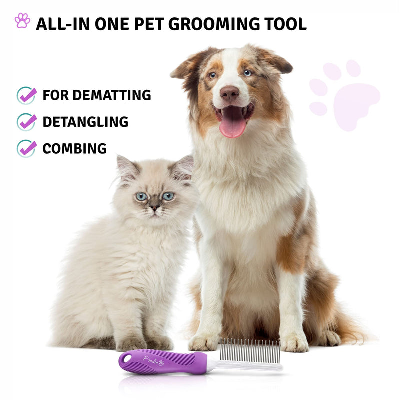Detangling stainless steel pet comb with long and short teeth for removing matted fur, knots and tangles - detangler tool accessory for safe and gentle DIY grooming for dogs and cats - PawsPlanet Australia