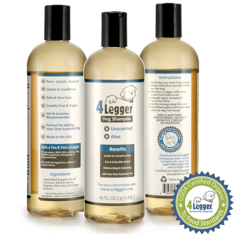 [Australia] - 4-Legger Certified Organic Hypoallergenic All Natural Aloe Dog Shampoo - Unscented - Gentle Moisturizing - Conditioning for Soothing Relief of Dry, Itchy, Sensitive Allergy Skin - Made in USA - 16 oz 