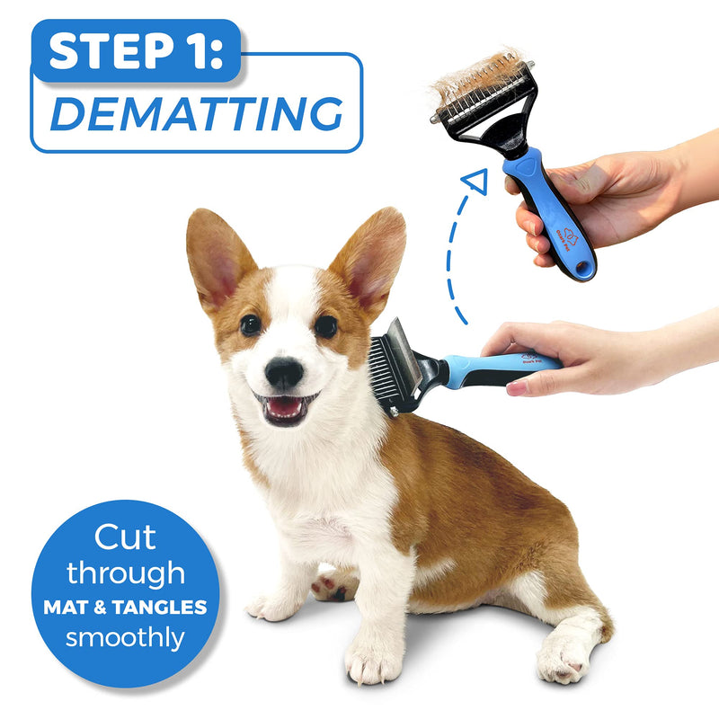 Pet Brush, 2-Side Pet Grooming Tools for Cat and Dog with Deshedding Brush and Safe Dematting Comb Small Blue - PawsPlanet Australia